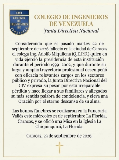 Falleció el Ing. Adolfo Miquilena expresidente del CIV