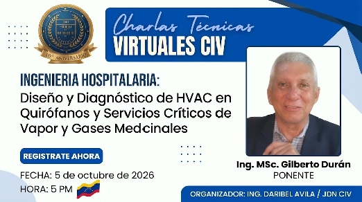 Invitación a Charla  Virtual  Lunes 5 de octubre dictada por el  Ing. MSc.Gilberto Durán INGENIERÍA HOSPITALARIA Diseño y Diagnóstico  de HVAC en Quirófanos y Servicios Críticos de Vapor y Gases Medicinales 